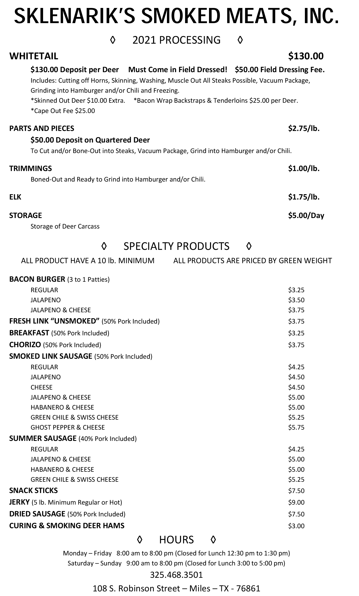 Wild Game Processing Sklenarik's Smoked Meats West Texas Jerky